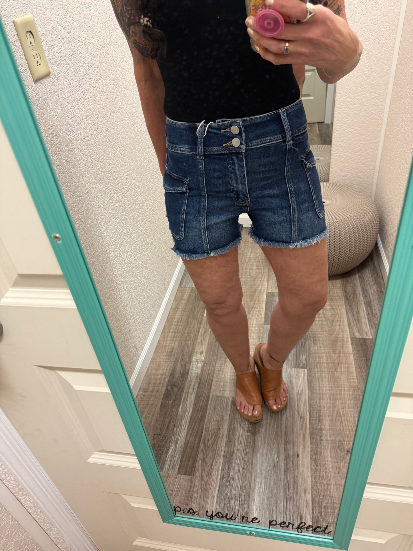 Coco Cargo - High Rise - Risen Dark Wash Cargo Shorts