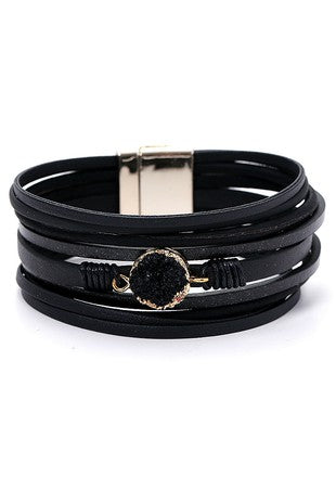 Black natural leather, multi strand bracelet