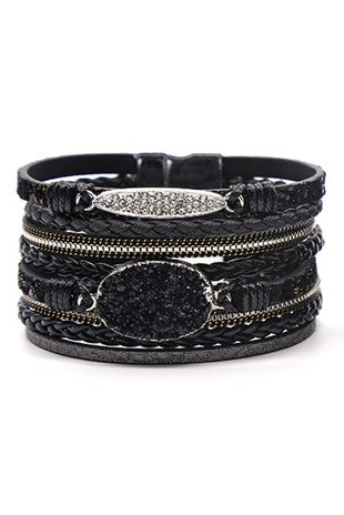 Black with black druzy and silver accent natural leather, multi strand bracelet