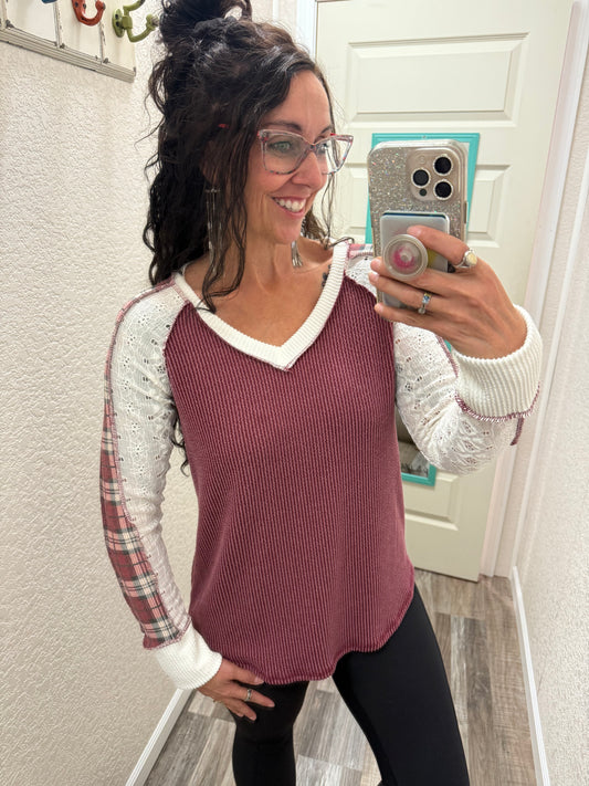 Lia Burgundy PLAID CONTRAST V Lace NECK LONG SLEEVE TOP