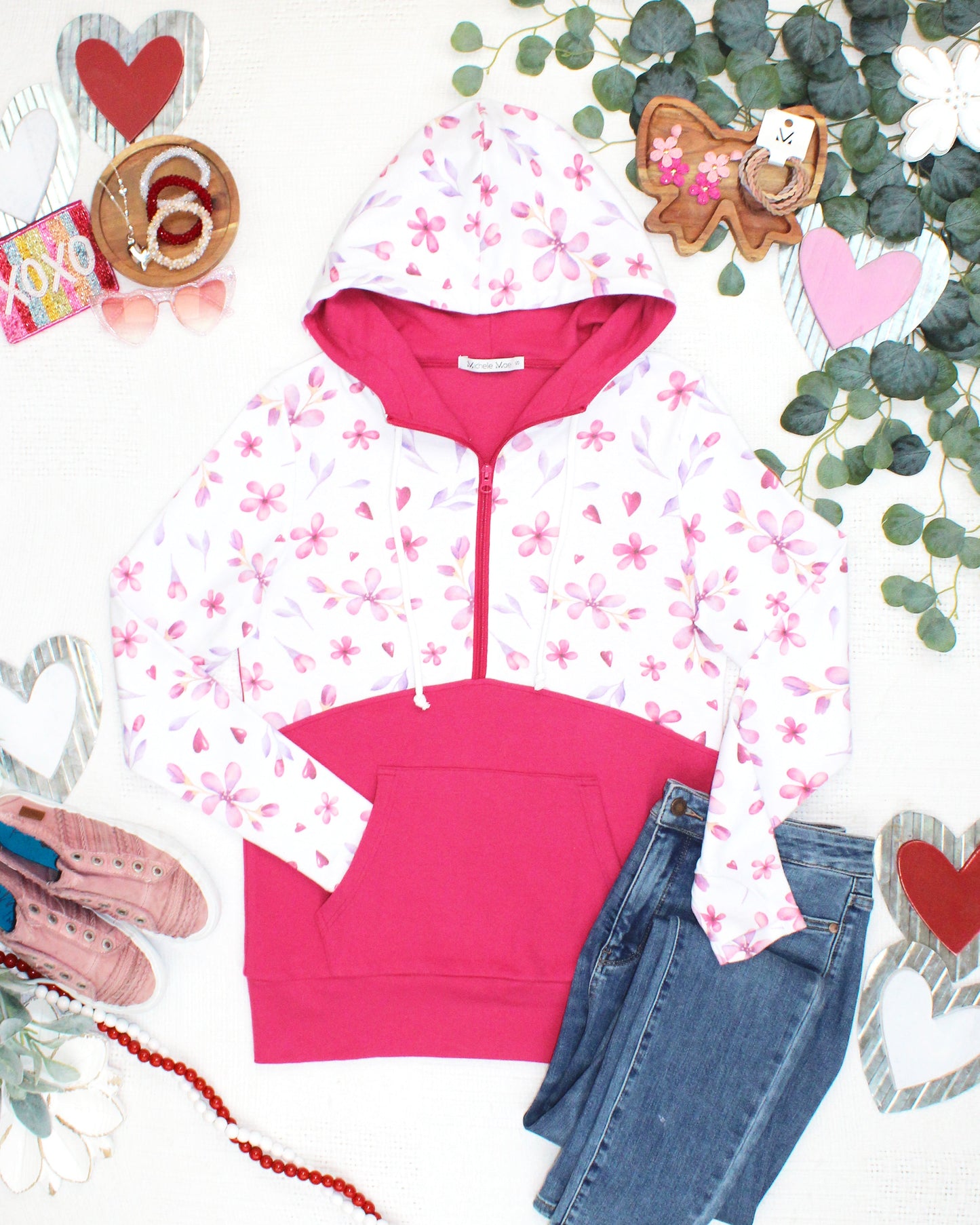 HalfZip Hoodie - Blooming Hearts and Magenta