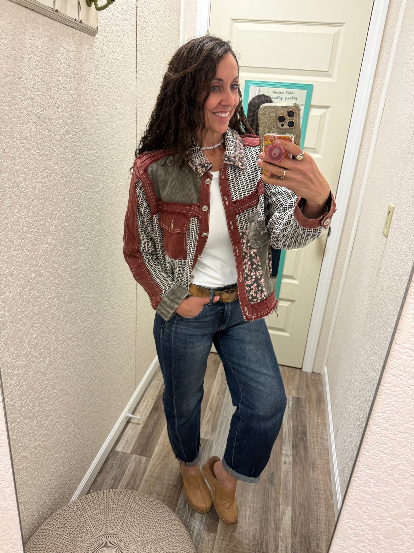 Wine Vintage Patchwork Floral Geometric Cropped Jacket