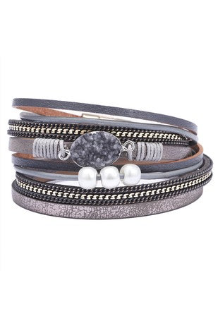 Gray beaded natural leather, multi strand bracelet