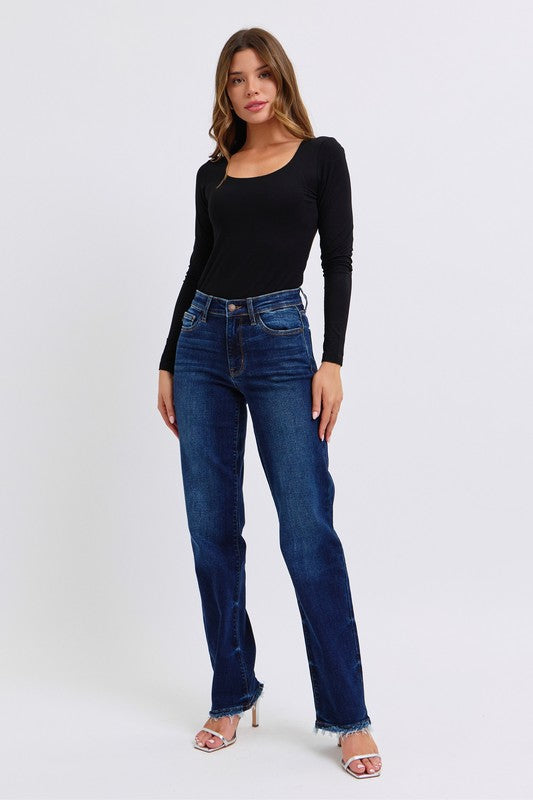 Cecelia Judy Blue Mid Rise Fray Hem Straight Leg Jeans