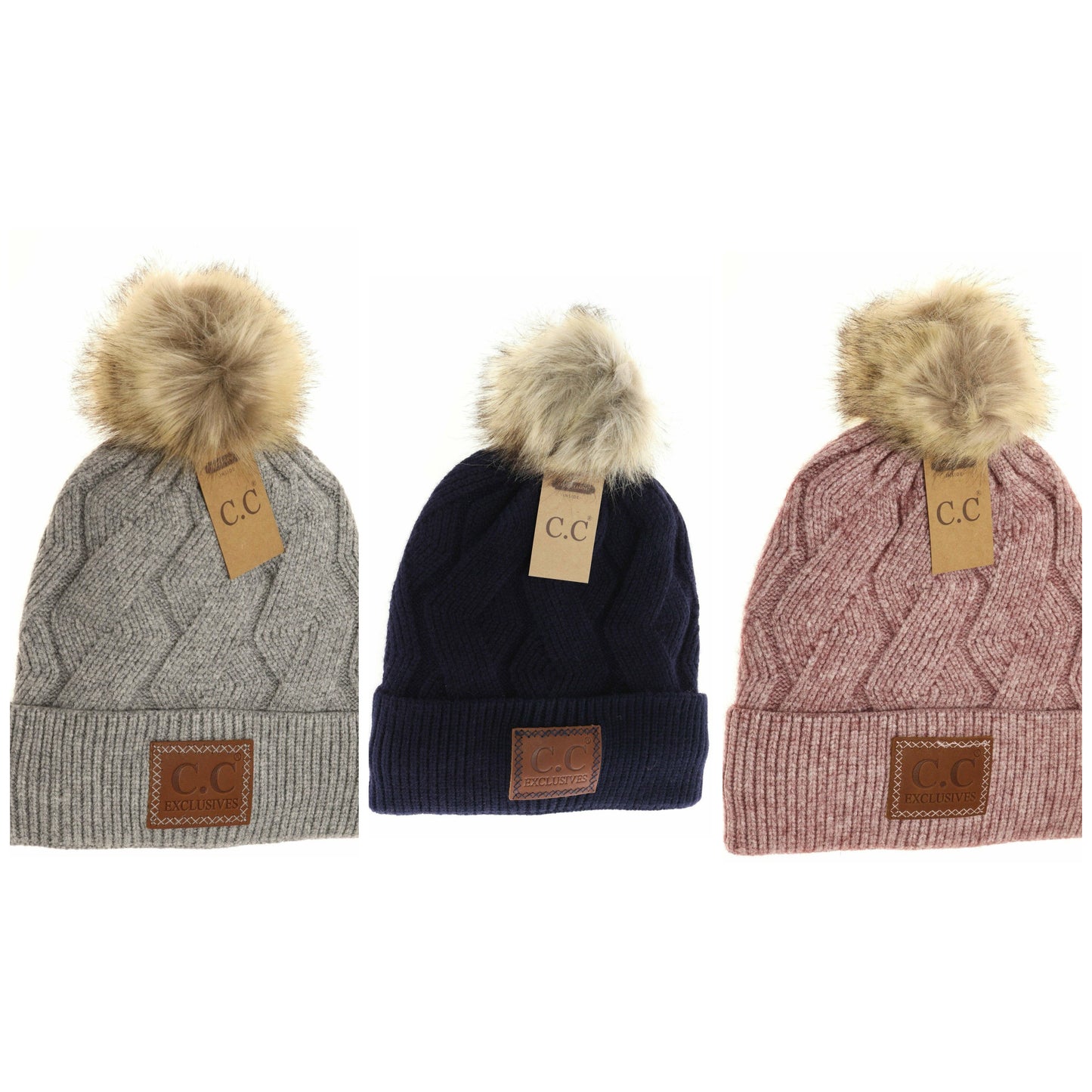 Geometric Knit Faux Fur Pom Beanie HAT