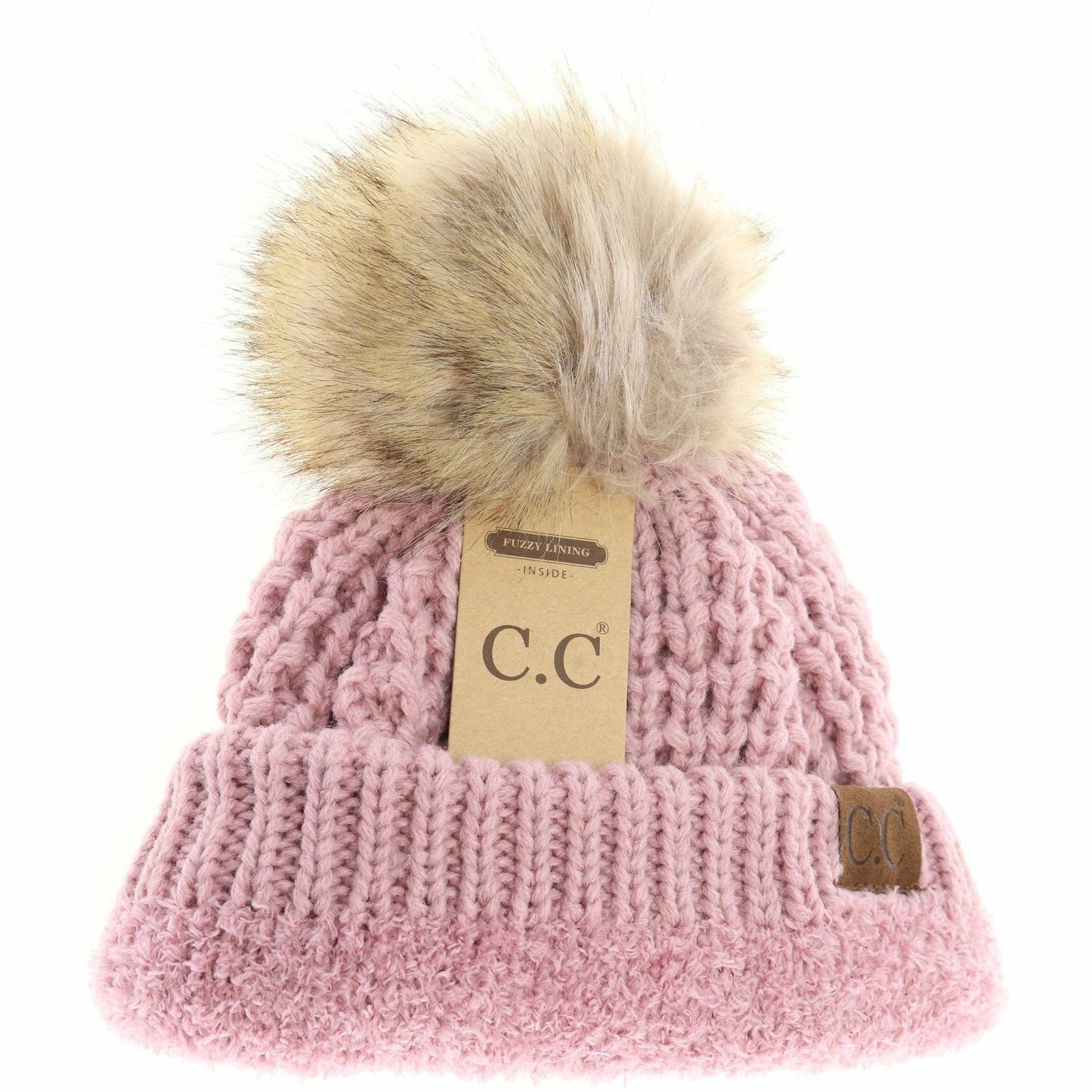 Solid Waffle Stitch Fur Pom C.C Beanie