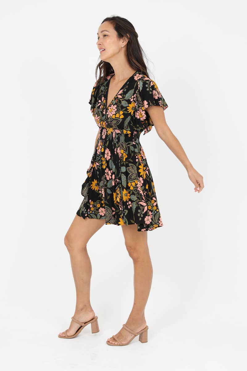 Victoria V NECK RUFFLE SLEEVES FLORAL PRINT ELASTIC WAIST