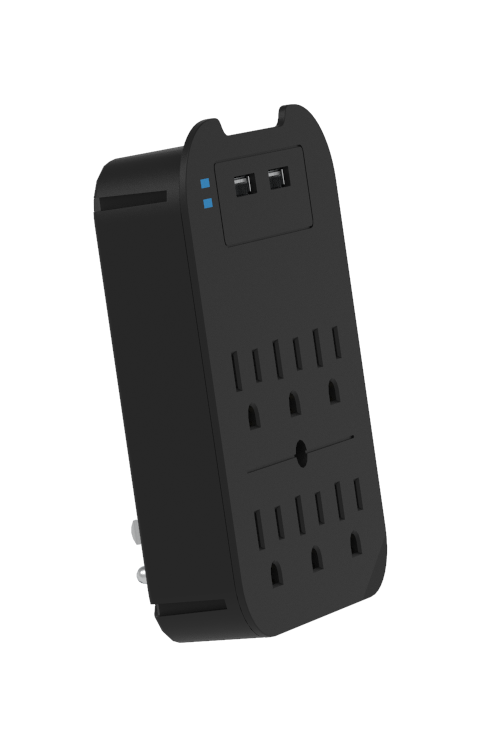 Black Charge Surge Protector, 6 Outlets/2 USB Ports