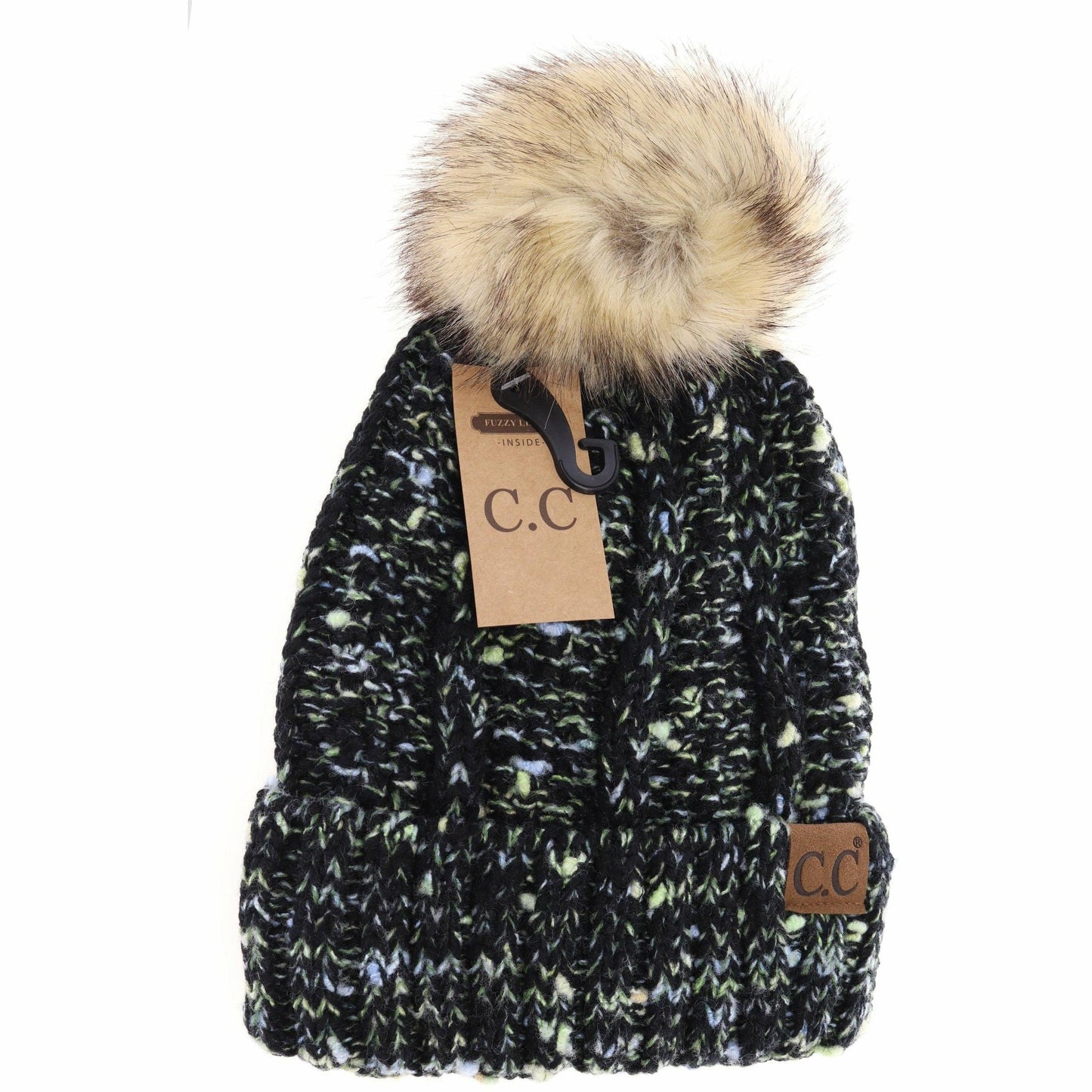 Fuzzy Lined Confetti Knit Fur Pom CC Beanie