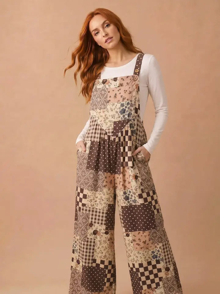 Floral Patchwork Wide Leg Overalls