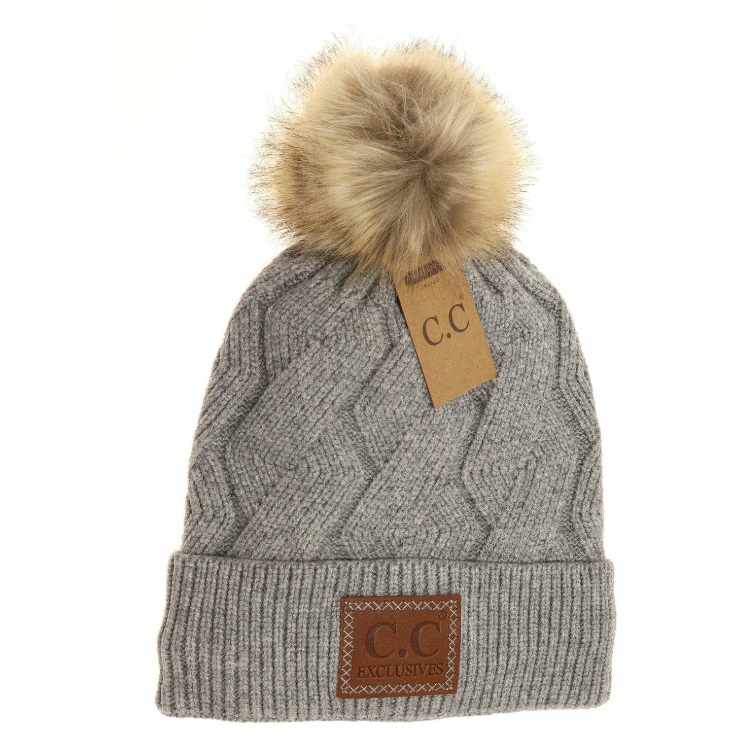 Geometric Knit Faux Fur Pom Beanie HAT