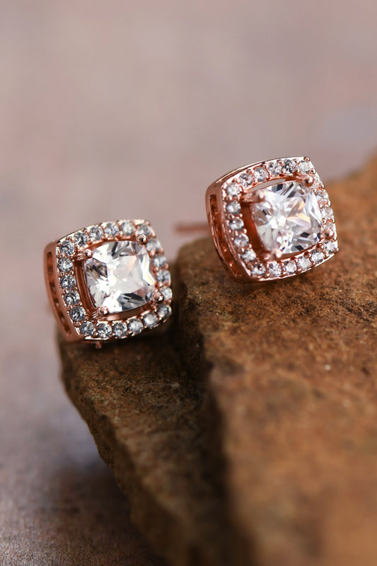 Dainty Square Studs with Clear Glass Crystals Rose Gold