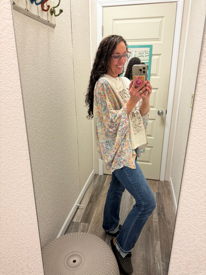 Free Spirit Rock & Roll Graphic Boho Sheer Kaftan Top: ANTIQUE WHITE