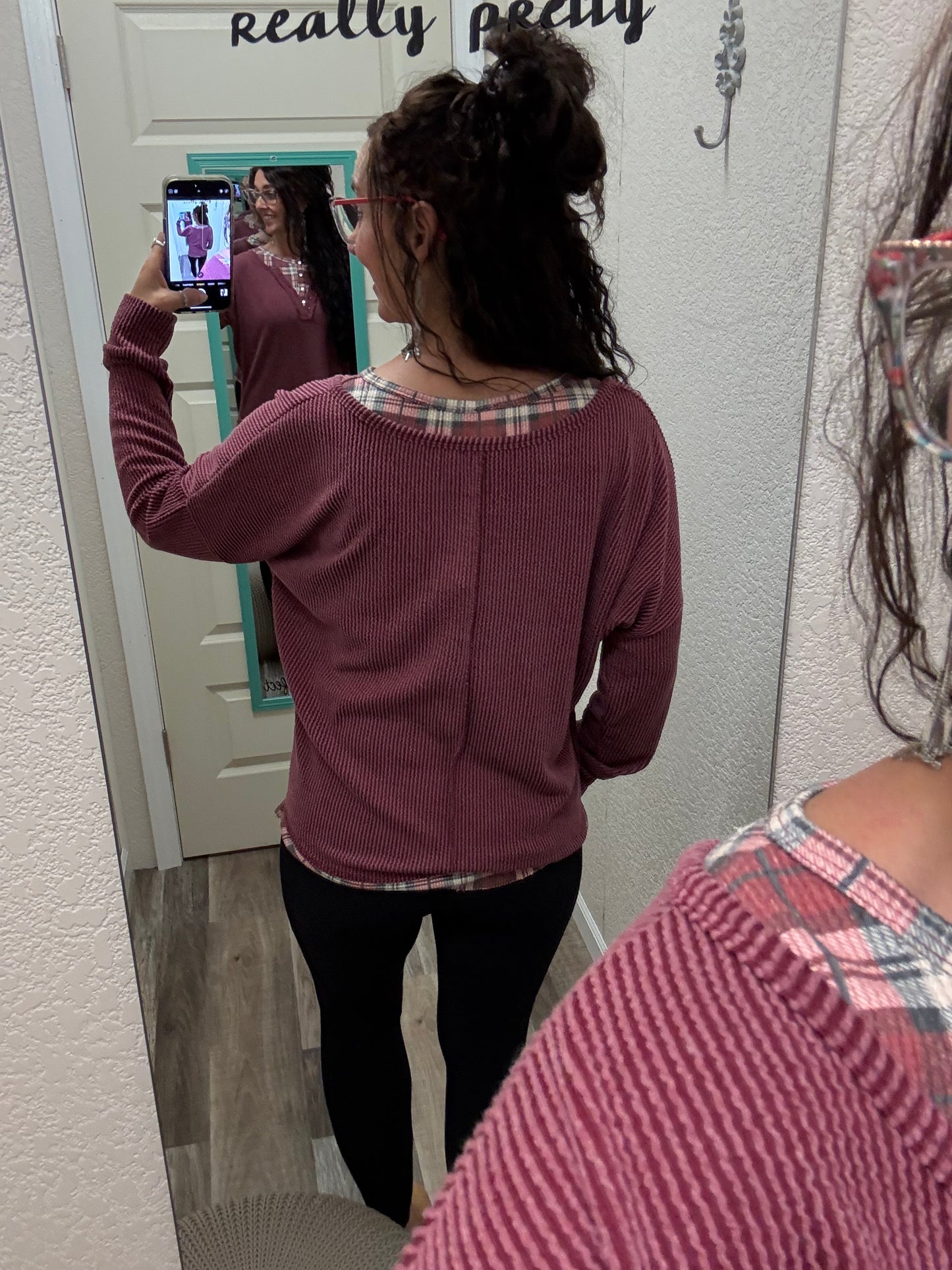 Harriet Burgundy Corded KNIT HENLEY TOP WITH PLAID CONTRAST TRIM