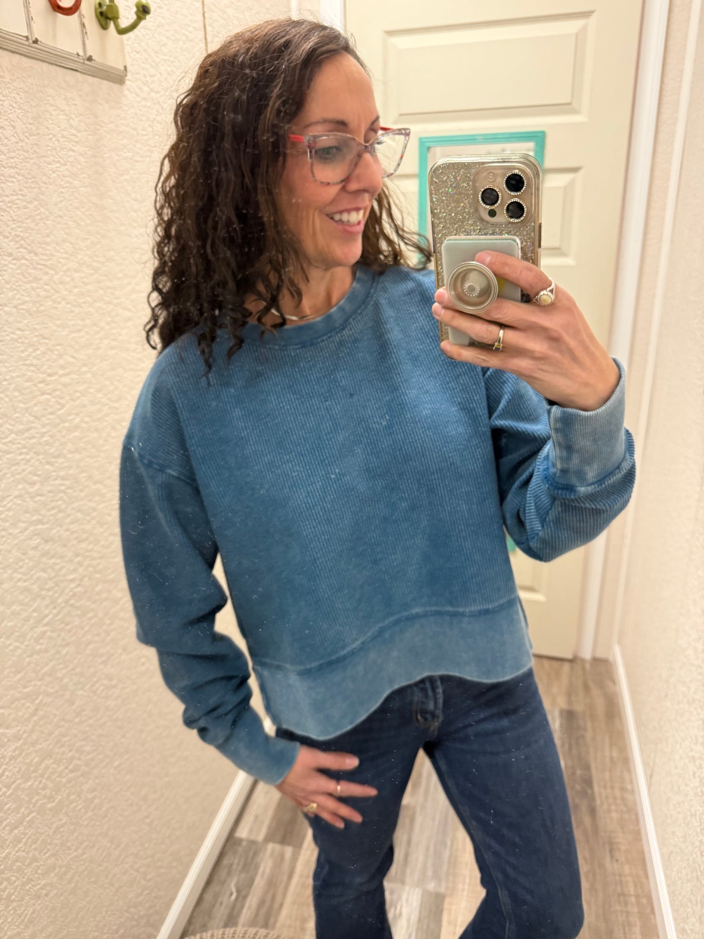 NAVY CROPPED SIDE SLIT CORDED CREW