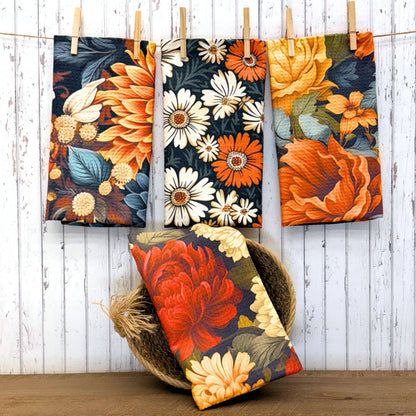 Fall Flowers Kitchen Waffle Towels - Fall Decor