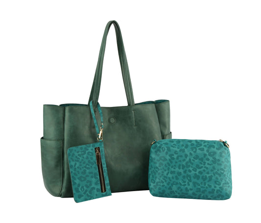 Teal Reversible 3 in 1 Women Tote Shoulder Bag Multi Pockets