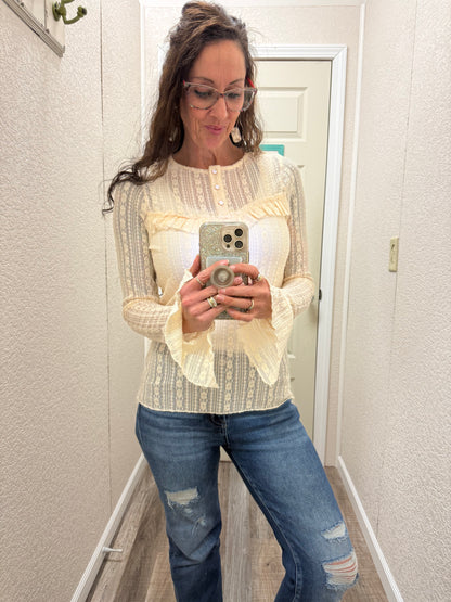 Lola Lace Ruffle Detail Henley Neck Top