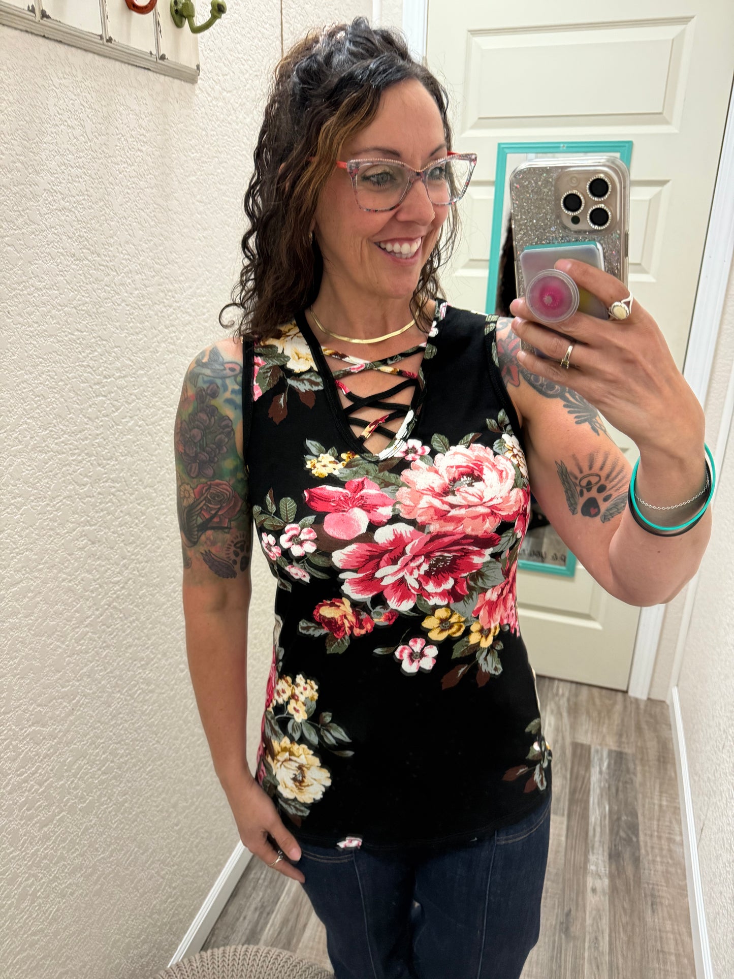 Midnight Floral Criss Cross Tank Top