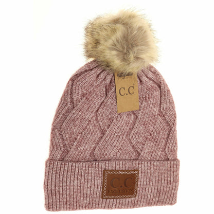 Geometric Knit Faux Fur Pom Beanie HAT