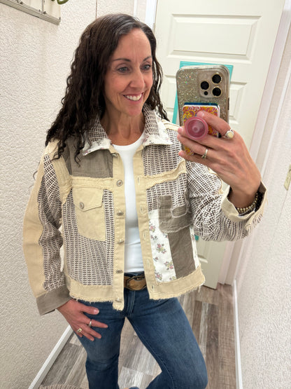 Vintage Patchwork Floral Geometric Neutral Cropped Jacket