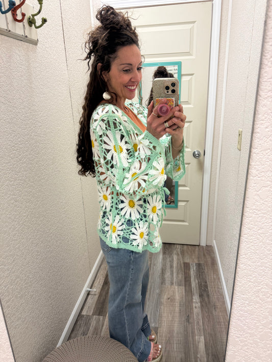 Daisy Long sleeve V neck crochet knit open cardigan: One Size