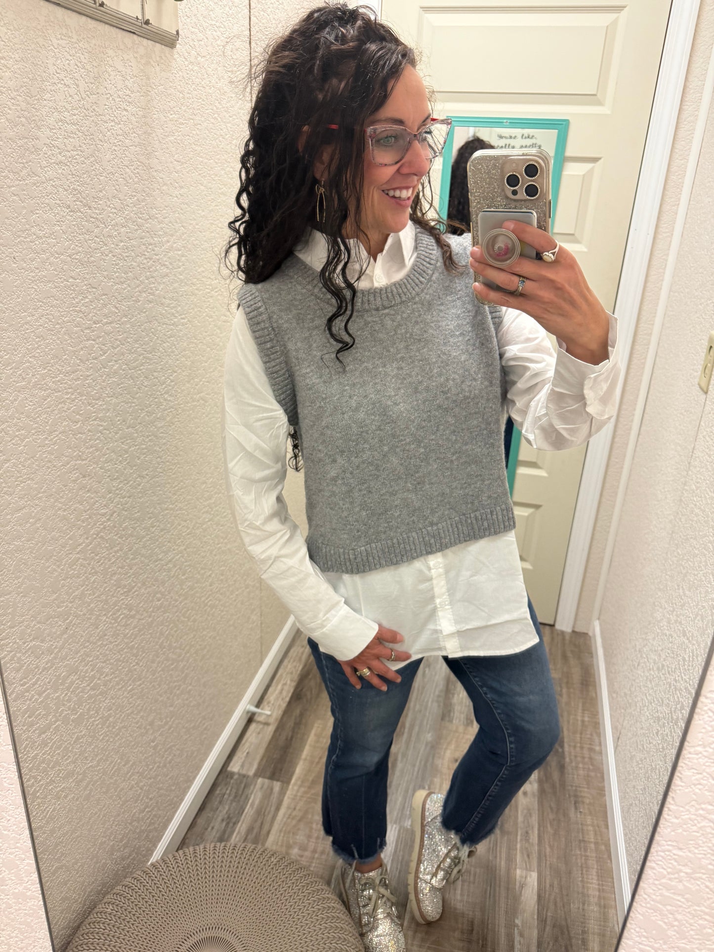 Cher Sweater Vest With Stretchy White Button Down Combo