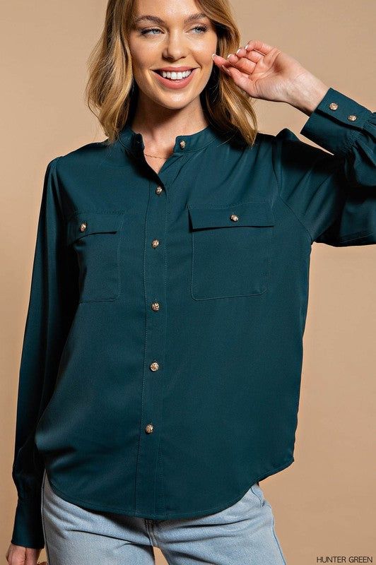 Nora - Hunter Green - Silky Button Up Shirt