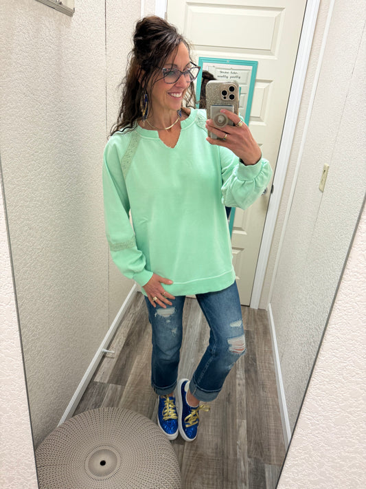 Mint Lace Accent Vintage Wash Pullover -
