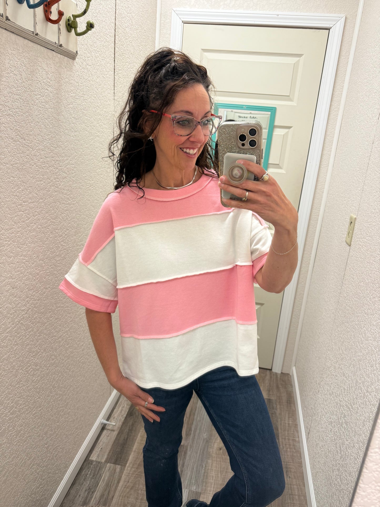 Terry Color Block Exposed Seam Short Sleeve Top