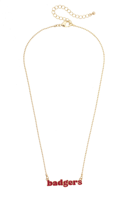 Wisconsin Badgers Slogan Necklace in Red/Shiny Gold