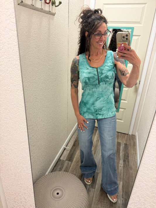 Mila Zipper Tank - Teal Tie Dye