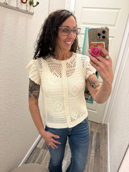 Shelly Short Sleeve Button Down Crochet Cardigan