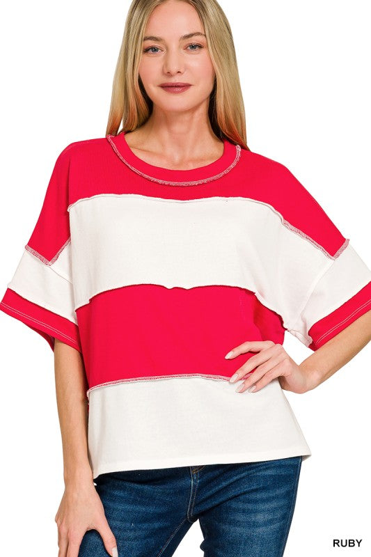 Terry Color Block Exposed Seam Short Sleeve Top
