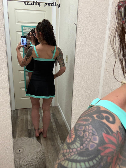 Hit The Pool Skirted Swimsuit- Black/Aqua