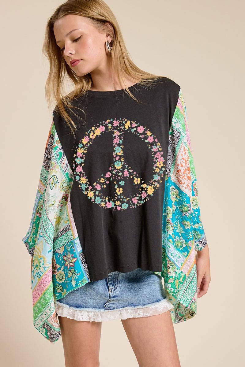Floral Peace Boho Graphic Rustic Sheer Sleeves Kaftan Top: BLACK