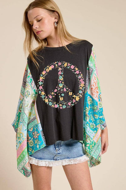 Floral Peace Boho Graphic Rustic Sheer Sleeves Kaftan Top: BLACK