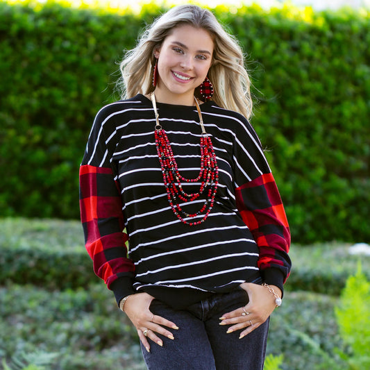Long Sleeve Stripes Top with Buffalo Plaid Sleeves
