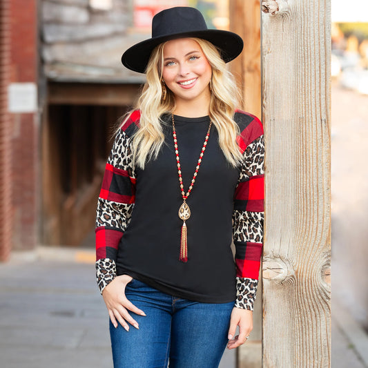 Buffalos and Leopards Color Block Long Sleeve Top