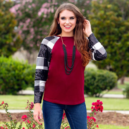Maroon Black Sparkles & Buffalo Plaid Long Sleeve Top