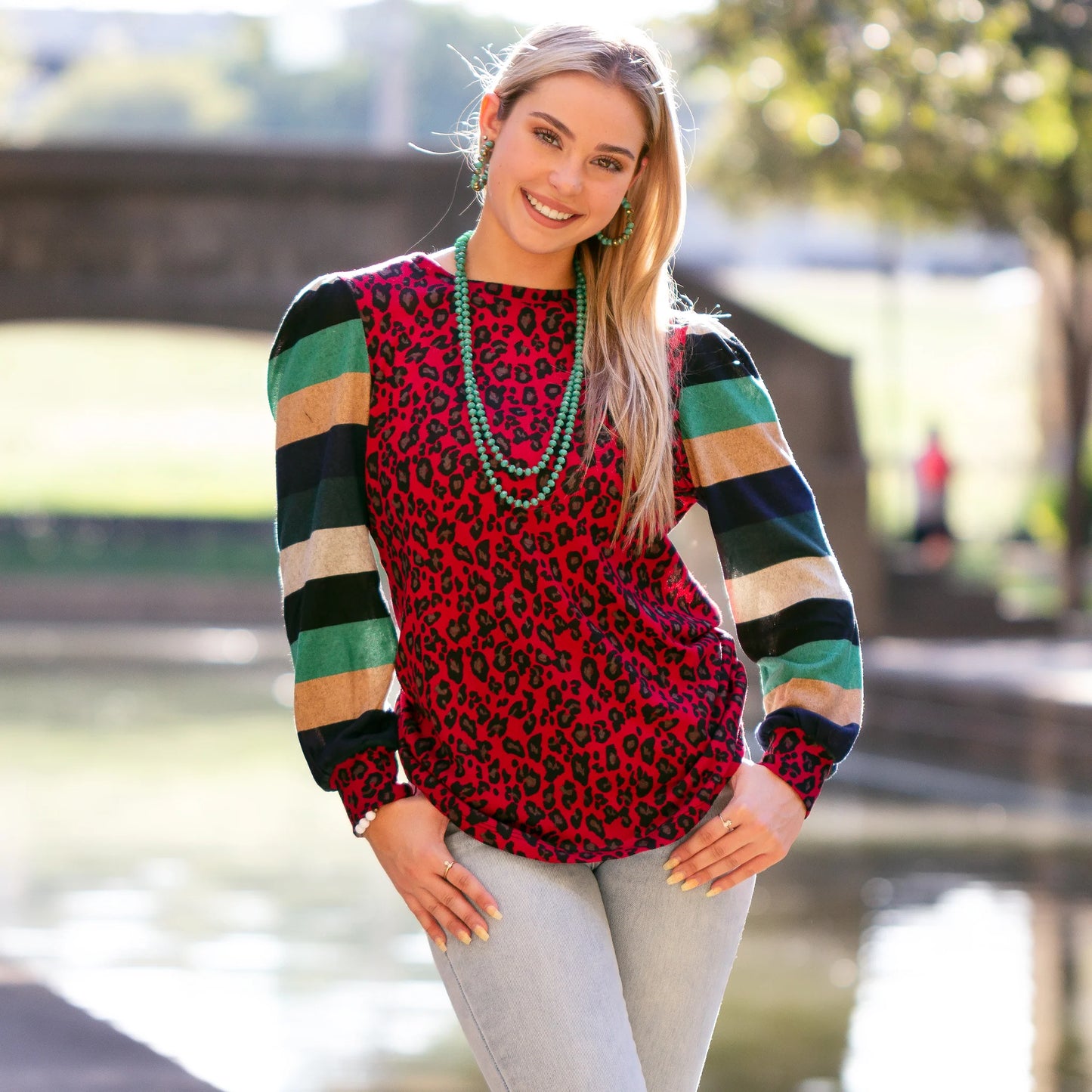 Red Leopard Contrast stripes Long Sleeve Top