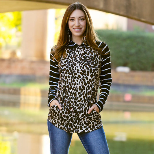 Leopards and Stripes Hoodie with Buffalo Plaid Print Top
