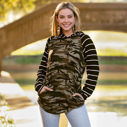 Stripes and Camouflage Hooded Top