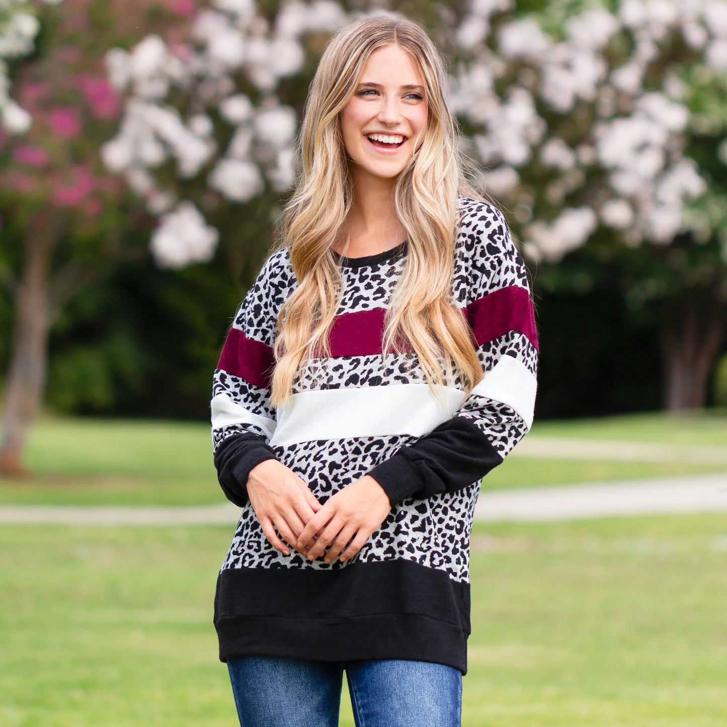 Long Sleeve Leopard Color Block Top