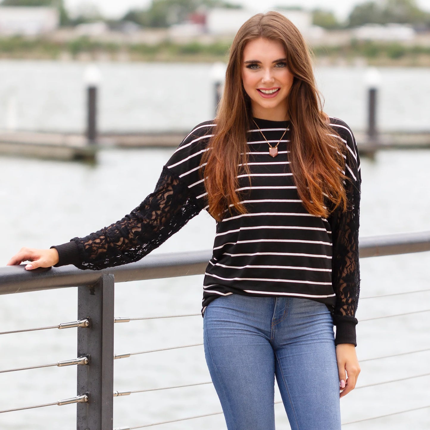 Lace and Stripes Black Long Sleeve Top