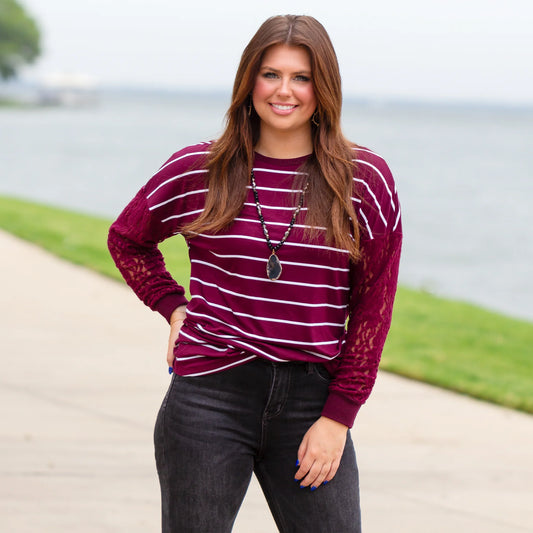 Lace and Stripes Wine Long Sleeve Top