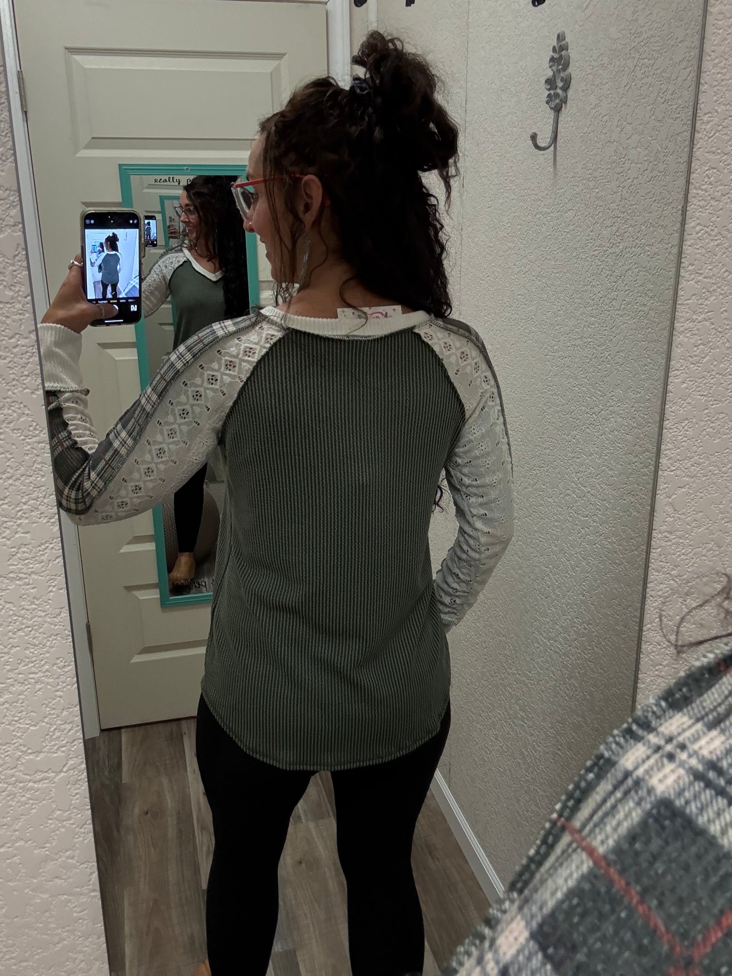 Lia Olive PLAID CONTRAST V NECK Lace LONG SLEEVE TOP