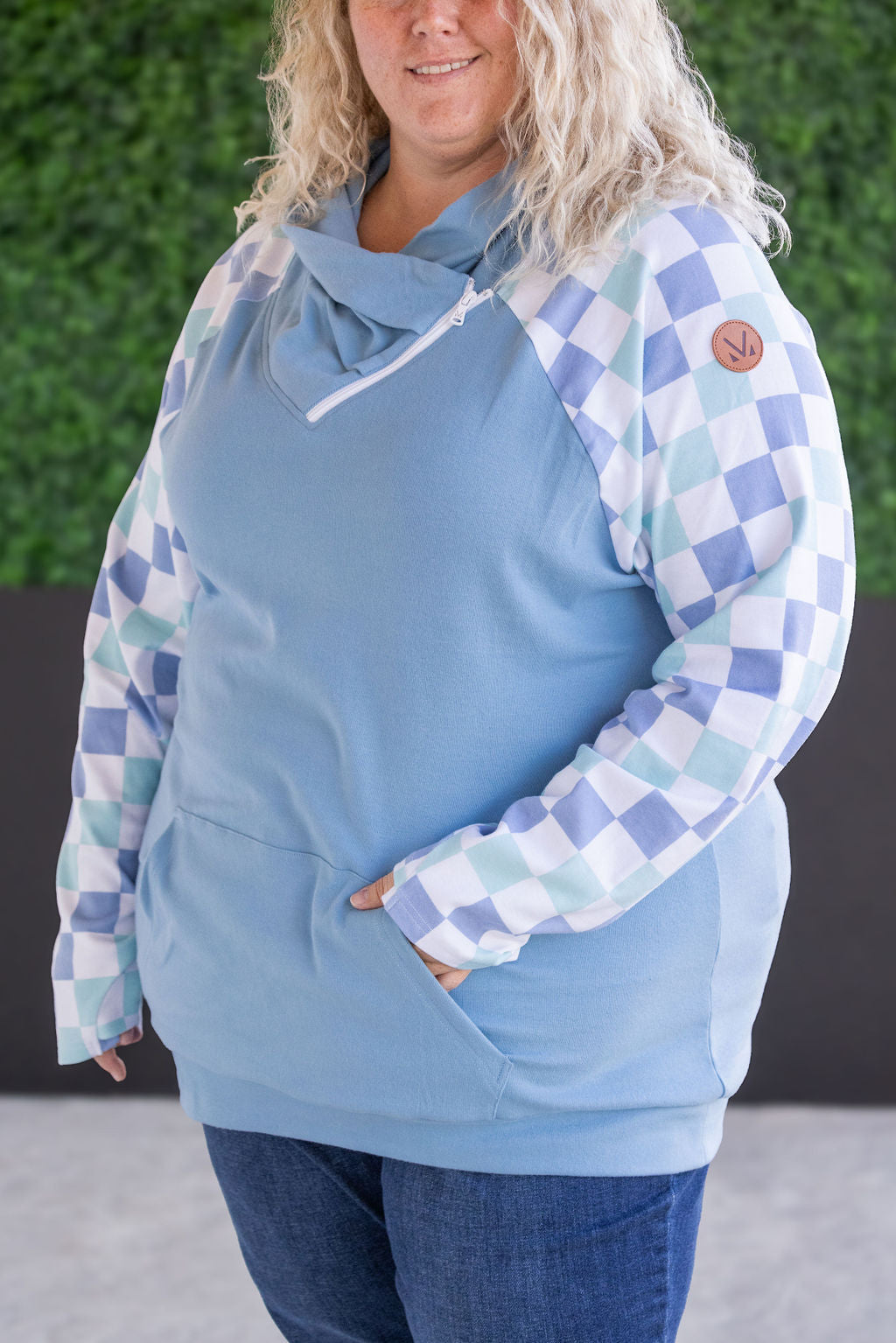 IN STOCK Zoey ZipCowl Sweatshirt - Blue and Mint Checker MM EXCLUSIVE