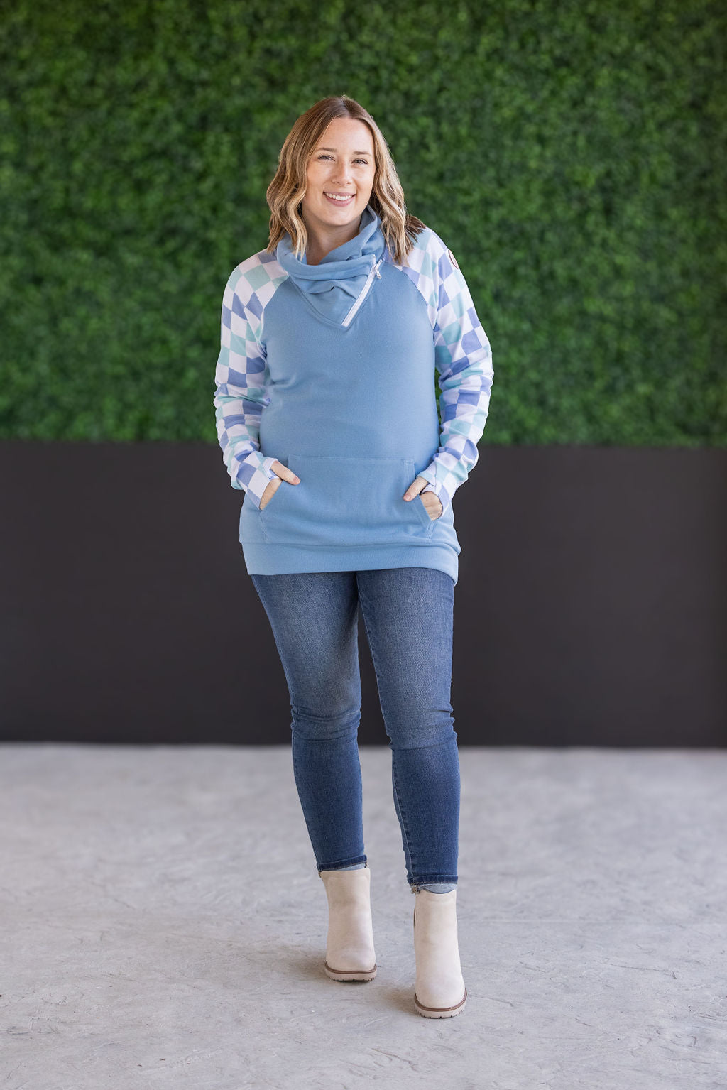 IN STOCK Zoey ZipCowl Sweatshirt - Blue and Mint Checker MM EXCLUSIVE