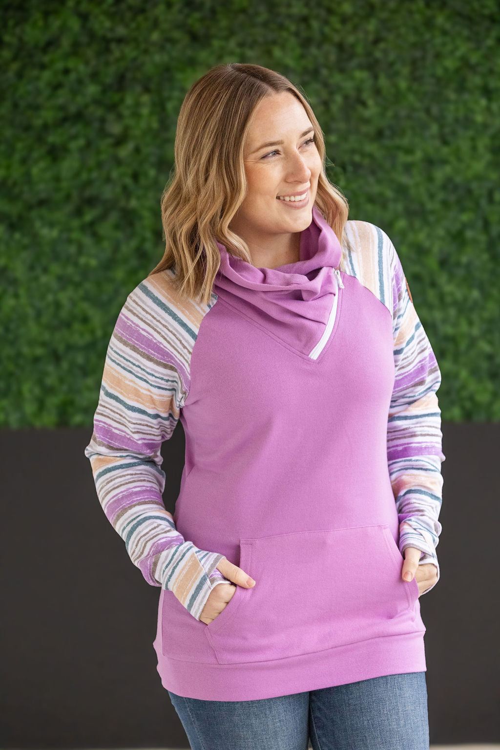 IN STOCK Zoey ZipCowl Sweatshirt - Mauve and Stripes